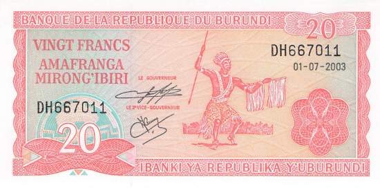 Burundi p27d 20 Francs 2003